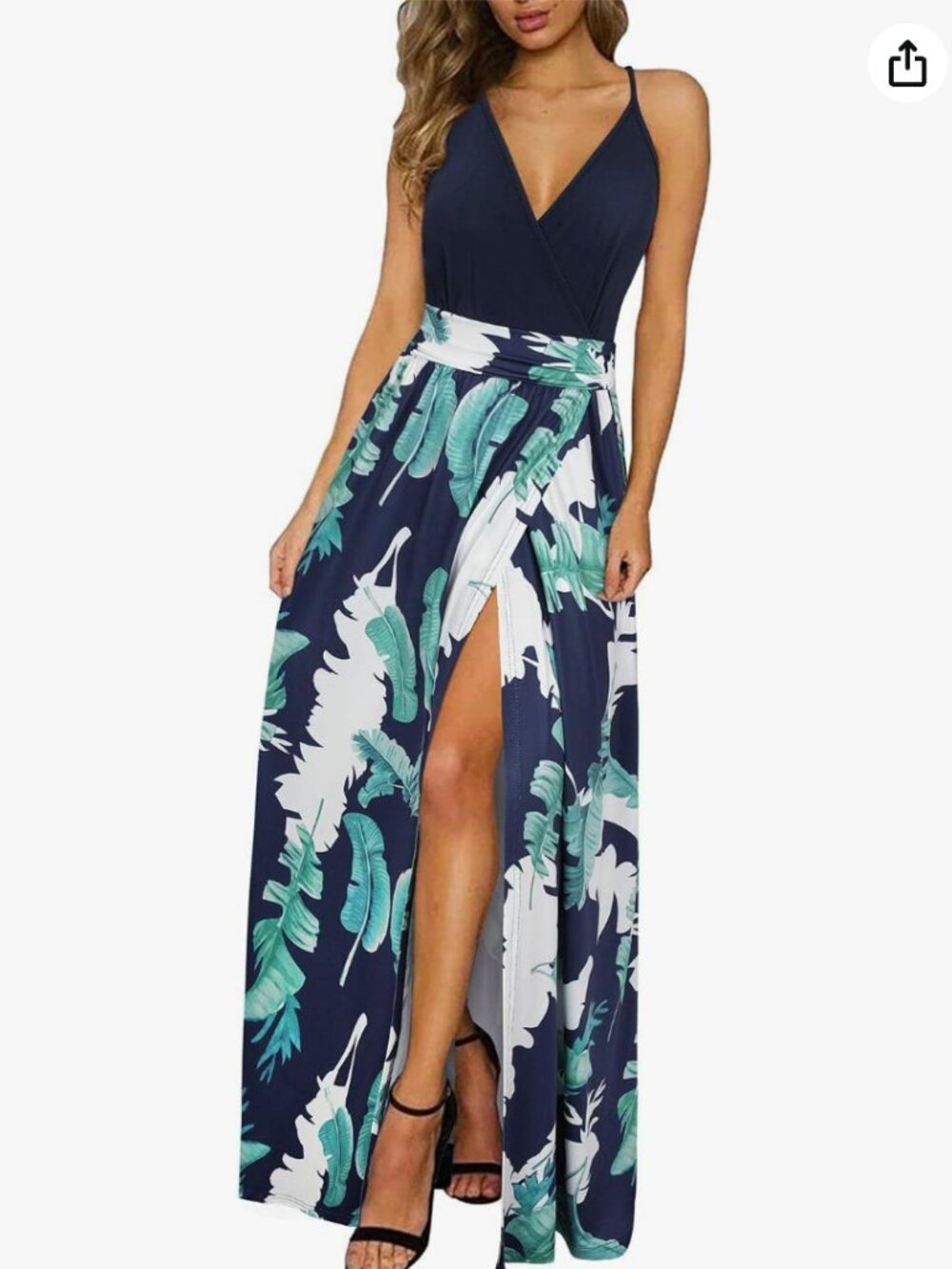 Newshows Lightweight V Neck Split Flowy Maxi Dress | Blue Floral Leaf | XXL - Picture 2 of 5